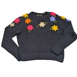 $298 MARIA PAVAN Dark Navy Crochet Knit‎ Floral Sweater Cottage Size G or LARGE